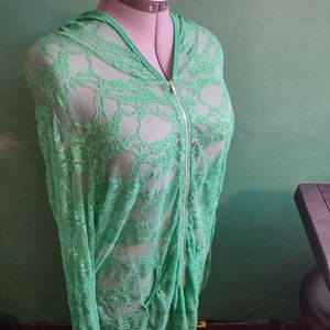Kelly Green Lace Hooded Jacket Zipper Pockets Stretchy Zip Up